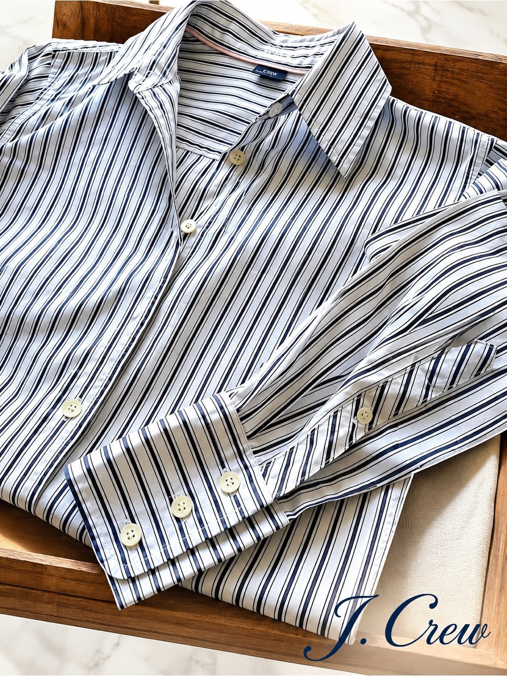 Like New 🌸 J Crew Navy and White Striped Button-Down Shirt Slim Fit, Kathryn Cut - Picture 12 of 16